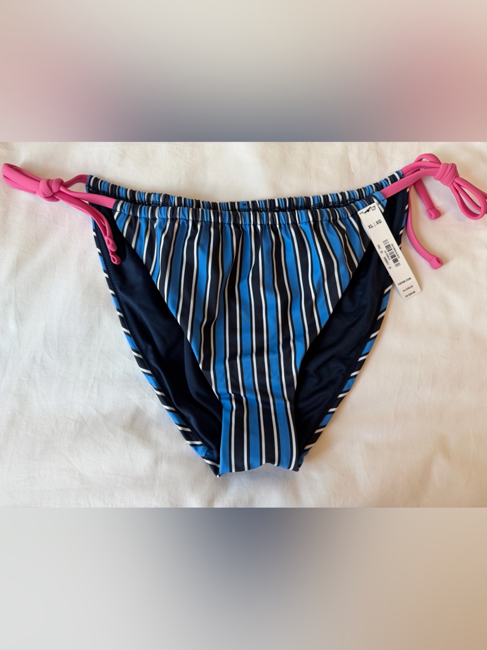 PINK Victoria's Secret Blue Stripe Bikini Bottoms with Pink Ties